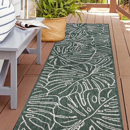 World Rug Gallery Contemporary Tropical Leaves Weather Resistant Indoor/Outdoor Runner Rug 2' x 7' Green 4031GREEN2X7